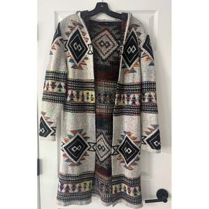On Blue-Open Southwestern Aztec Cardigan, Boho Style Size Large Long